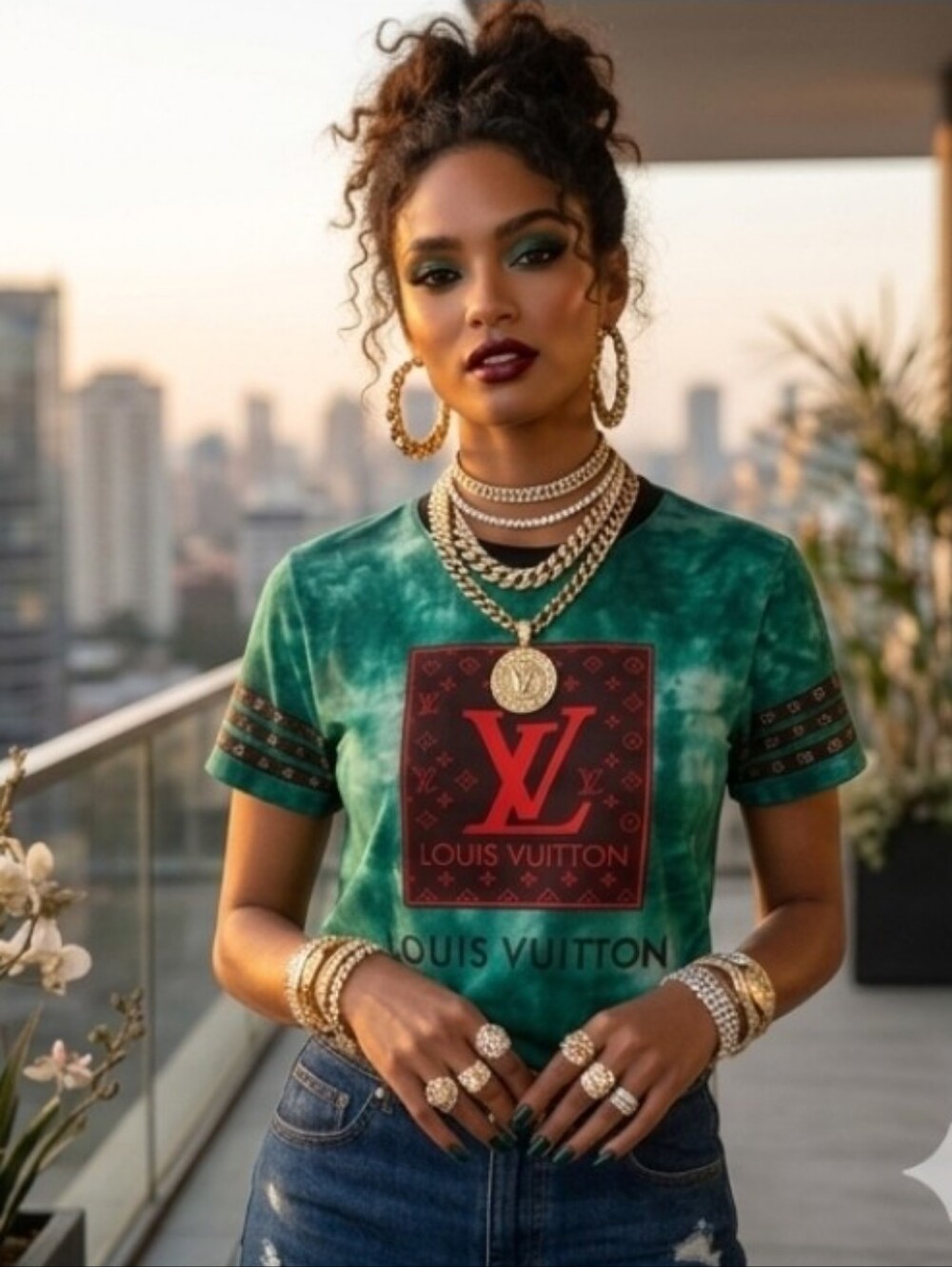 Louis Vuitton Green Tie-Dye Tee with Red Logo Patch